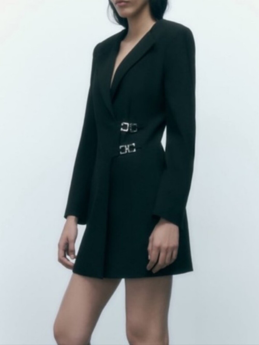 New Zara Side Buckle Long Sleeve Blazer Dress Black